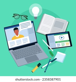 Online learning and education concept: professon giving online classes on a laptop screen and accessories