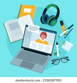 Online learning and education concept: professon giving online classes on a laptop screen and accessories