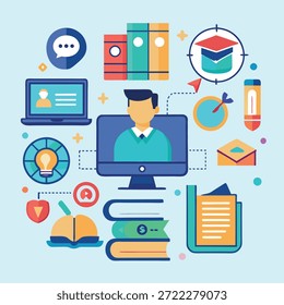 online learning education concept with student and icons