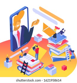 Online learning, education concept vector illustration isometric isolated. Students with electronic devices among books stacks. Teacher gives lesson to tiny people group from mobile phone screen.