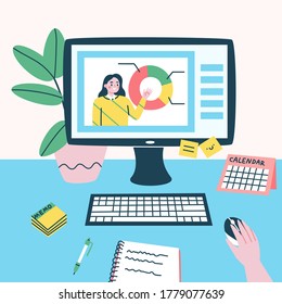Online learning, education at home concept. Vector illustration of a student's workplace with a computer showing a teacher giving a lesson online. Flat cartoon style.