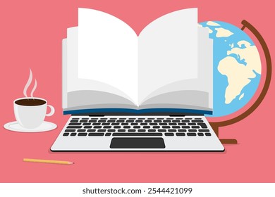 Online learning, online education, online learning icon with laptop in the form of an open book. Vector, cartoon illustration. Vector.