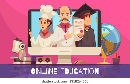 Online learning education with international recognized degree diploma certificate colorful cartoon composition graduates desktop textbooks vector illustration
