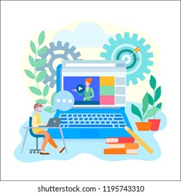 Online learning education, internet courses, coaching concept. A young man gets an education online. Vector illustration for web design, advertising posters and blogs.