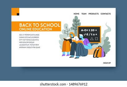 Online learning and education landing web page vector. Internet classroom, students with books, maths lesson and blackboard, training and tutorial website. School or university, knowledge and studying