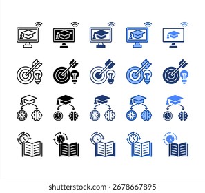 Aprendizagem On-line, Educação, Objetivo, Síncrono, conjunto de ícones de vários estilos.