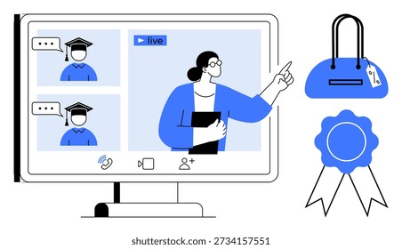 Online learning, education platforms, certification, distance training, professional development, virtual teaching. Computer screen with video call, educator and graduation icons. Focus on online