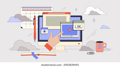 Online learning education platforms tiny person neubrutalism hands concept. Distant e-learning study as effective approach for personal development and growth vector illustration. Webinar software.