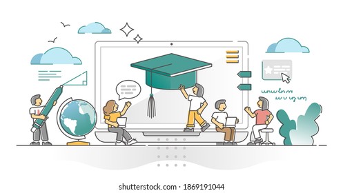 Online learning as education study using digital platform for e-learning outline concept. Students with teacher in videocall lesson as distance training and knowledge development vector illustration.