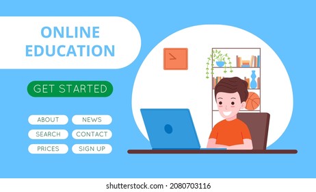 Online learning and education template with boy studying with computer remotely. Vector flat illustration for landing page or online website.