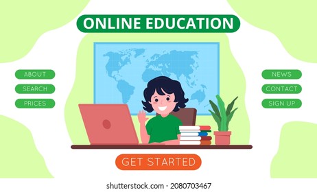 Online learning and education template with girl studying with computer remotely. Vector flat illustration for landing page or online website.