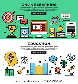 Online learning, education web banners set. Line art concepts. Creative modern flat design outline graphic elements, line icons, linear symbols, templates. Vector illustration