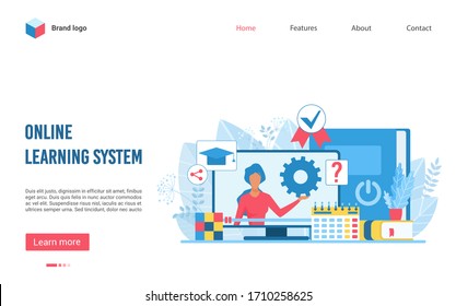 Online Learning Educational System Flat Vector Illustration Landing Page Layout, Web Page. Opportunities In Distance Learning And E-learning. Complex Content, Tasks, Resources As E-library, Reference