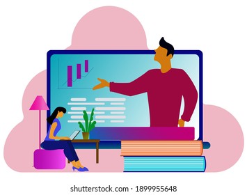 Online Learning, E-leaning, Work From Home While Pandemic Covid 19 For Website Portal Or Health Living Campaign. A Complete Flat Design Vector