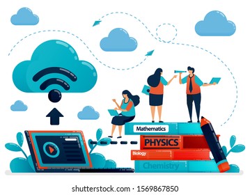 Online learning or e-learning with cloud internet database. Store schoolwork and textbook on laptops. Study modern education technology.Vector illustration, landing page, card, banner, brochure, flyer