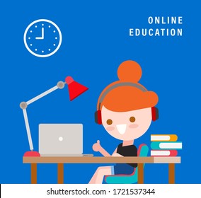 Online learning. E-learning concept for distance education. Smiling girl with laptop on her desk. Vector cartoon character in flat design style illustration.