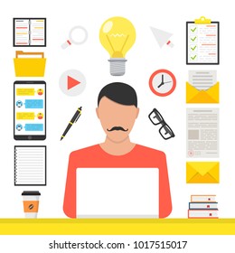 Online learning, e-learning concept. Man at computer in his room. Flat webinar icons set, modern flat design graphic elements for web banners, websites, infographics. Vector illustration.