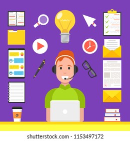 Online learning, e-learning concept. Man at computer in his room. Flat webinar icons set, modern flat design graphic elements for web banners, websites, infographics. Vector illustration.