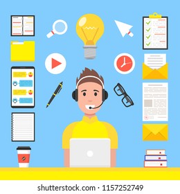 Online learning, e-learning concept. Man at computer in his room. Flat webinar icons set, modern flat design graphic elements for web banners, websites, infographics. Vector illustration.
