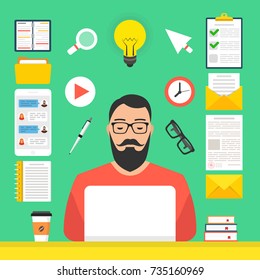 Online learning, e-learning concept. Man at computer in his room. Flat webinar icons set, modern flat design graphic elements for web banners, websites, infographics. Vector illustration.