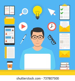 Online learning, e-learning concept. Man at computer in his room. Flat webinar icons set, modern flat design graphic elements for web banners, websites, infographics. Vector illustration.