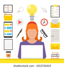 Online learning, e-learning concept. Woman at computer in her room. Flat webinar icons set, modern flat design graphic elements for web banners, websites, infographics. Vector illustration.