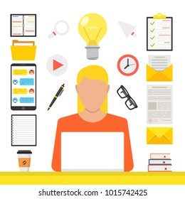 Online learning, e-learning concept. Woman at computer in her room. Flat webinar icons set, modern flat design graphic elements for web banners, websites, infographics. Vector illustration.
