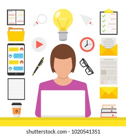 Online learning, e-learning concept. Woman at computer in his room. Flat webinar icons set, modern flat design graphic elements for web banners, websites, infographics. Vector illustration.