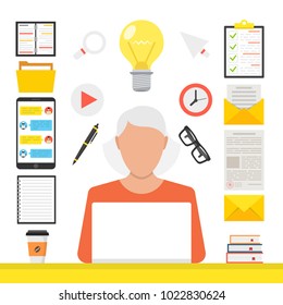 Online learning, e-learning concept. Woman at computer in his room. Flat webinar icons set, modern flat design graphic elements for web banners, websites, infographics. Vector illustration.