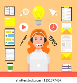 Online learning, e-learning concept. Woman at computer in his room. Flat webinar icons set, modern flat design graphic elements for web banners, websites, infographics. Vector illustration.