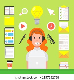 Online learning, e-learning concept. Woman at computer in his room. Flat webinar icons set, modern flat design graphic elements for web banners, websites, infographics. Vector illustration.
