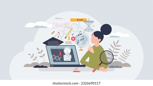 Online learning as e-learning course with distant content tiny person concept. Study in university or school with web lectures and virtual academic lessons vector illustration. Cyberspace graduation.