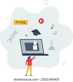 Online learning as e-learning course with distant.Study in university or school with web lectures and virtual academic lessons .flat design with people.