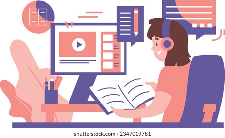 Online Learning, E-learning, Distance Education Concept. Young Female Student Studying at Home with Computer and Books. Vector Illustration