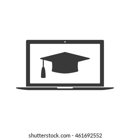 Online learning or e-learning flat icon. Modern laptop and graduation cap isolated on white background. Online learning or e-learning vector concept