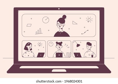 Online learning, Elearning, remote education concept. Laptop screen with young woman teacher and sitting and learning lesson pupils listening to distant lesson course online vector illustration