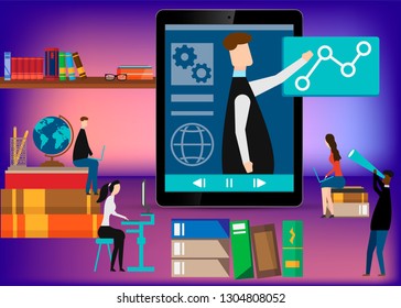 Online learning. E-learning webinar presentation concept. teacher businessman. Flat design isolated on white background. Vector illustration.