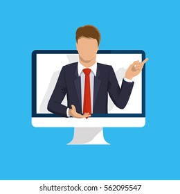 Online learning. E-learning webinar presentation concept. Computer screen, teacher businessman. Flat design illustration for web site, mobile upp