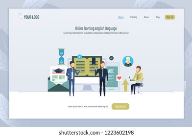 Online learning english language. Language school training program, webinars, internet lessons, conference, communications, remote online courses lectures. Landing page template. Vector illustration.