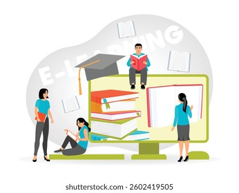 Online learning environment with students, books, and digital tools. Highlighting education accessibility and technology's role in modern learning methods.  Flat vector illustration 