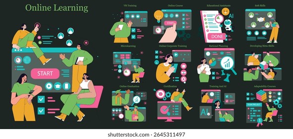 A aprendizagem on-line explora vários métodos educacionais, incluindo treinamento virtual, microaprendizagem e cursos corporativos. Esta ilustração captura temas essenciais em educação e habilidades remotas