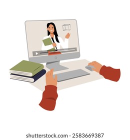 Online Learning With Female Teacher On Computer Screen In Flat Vector Illustration Symbolizing Virtual Education, E Learning, And Digital Knowledge, Isolated On White Background