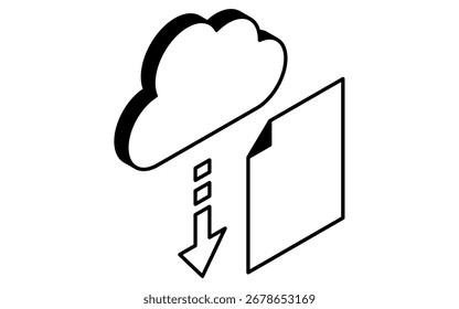 Icono de línea simple isométrica de la Descarga del archivo de aprendizaje en línea, blanco y negro, Ilustración vectorial