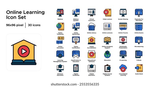 Online Learning Filled Line Icon Set: E-Learning Platforms, Digital Courses, Virtual Classrooms, and Tutorials Icons