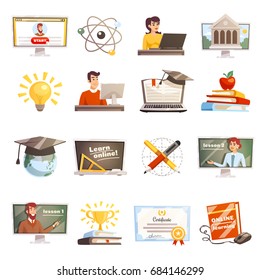 Online learning flat colored icons set with teachers and students participating in web seminars isolated vector illustration