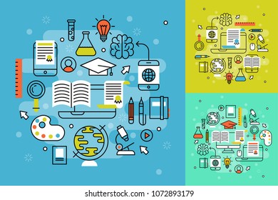 Online learning flat design distant education video tutorials staff training store learning research knowledge vector illustration.