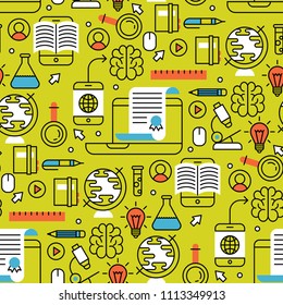 Online learning flat design distant education seamless pattern background training store learning research knowledge vector illustration.