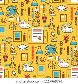 Online Learning Flat Design Distant Education Seamless Pattern Background Training Store Learning Research Knowledge Vector Illustration.