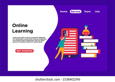 online learning flat design illustration. online learning illustration with cartoon character, smartphone, and books for landing page, web, mobile, app, banner, poster, flyer, template.