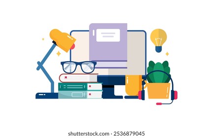 Ilustración de diseño plano de aprendizaje en línea con herramientas educativas para la Educación o el concepto de Plantilla de aprendizaje